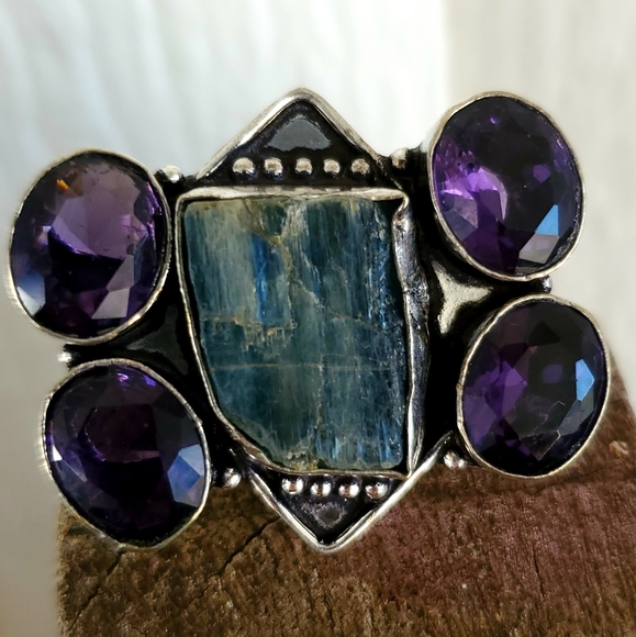 New Natural Kyanite & Amethyst 925 Silver Ring. - Picture 1 of 8